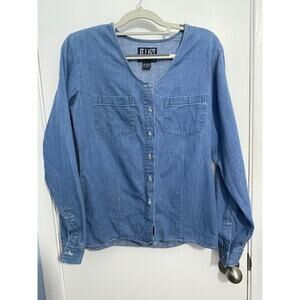 Vintage Denim At Last Blouse Large Minimalist Lagenlook Slub Chore Boho